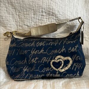 Coach Navy Shoulder Bag with Metallic Script and Heart Accent